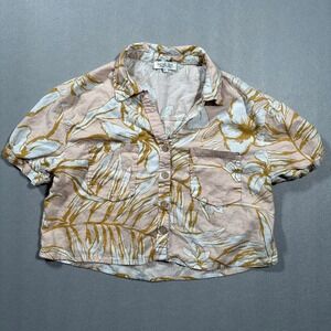 Rachel Zoe Womens Pink Tropical Palm Floral Button Down Crop Top Shirt Large